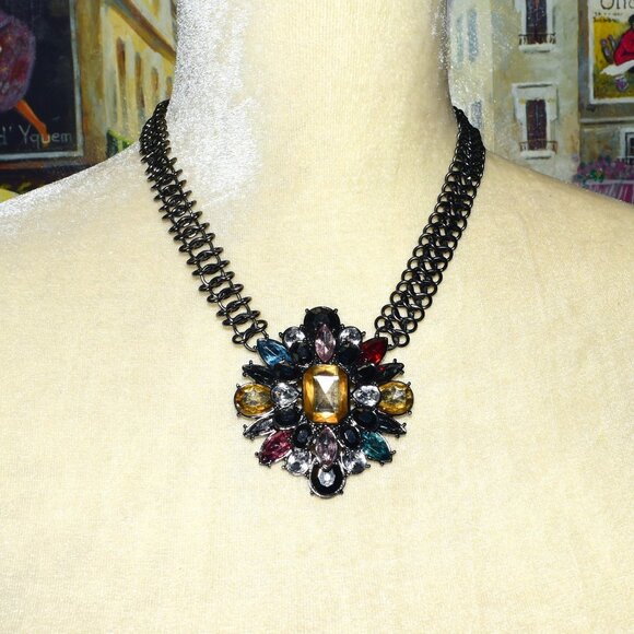 Ornate Jeweled Pendant Heavy Dark Silver Infinity Link Chain Caroline C. Estate - Picture 1 of 9